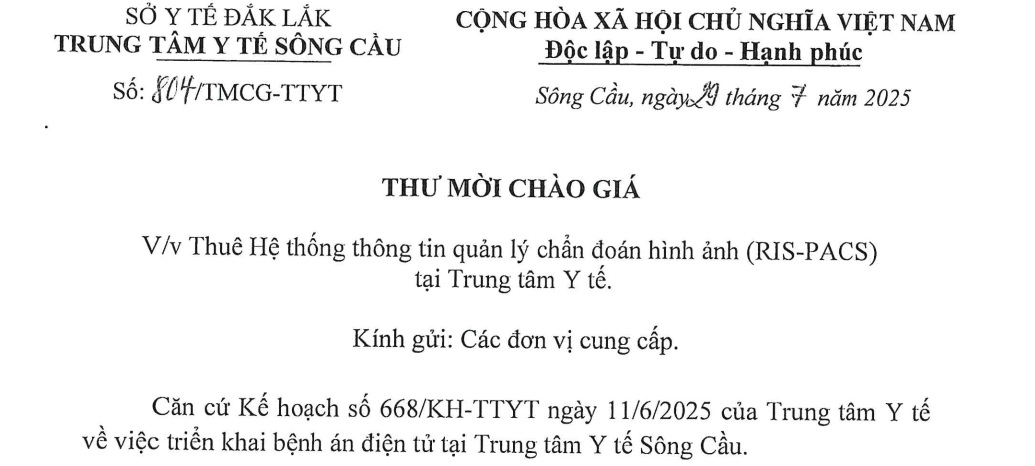 YCBG thuê Hệ thống thông tin quản lý chẩn đoán hình ảnh (RIS-PACS) tại Trung tâm Y tế
